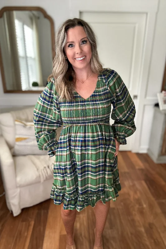 Smocked Plaid Babydoll Dress - Green Bold pattern unclassified dresses