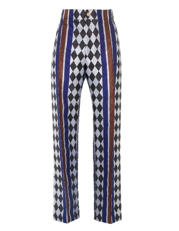 Hetty Blue Checkmate Print Silk Jacquard Trousers Metallic Finish Cargo Shorts