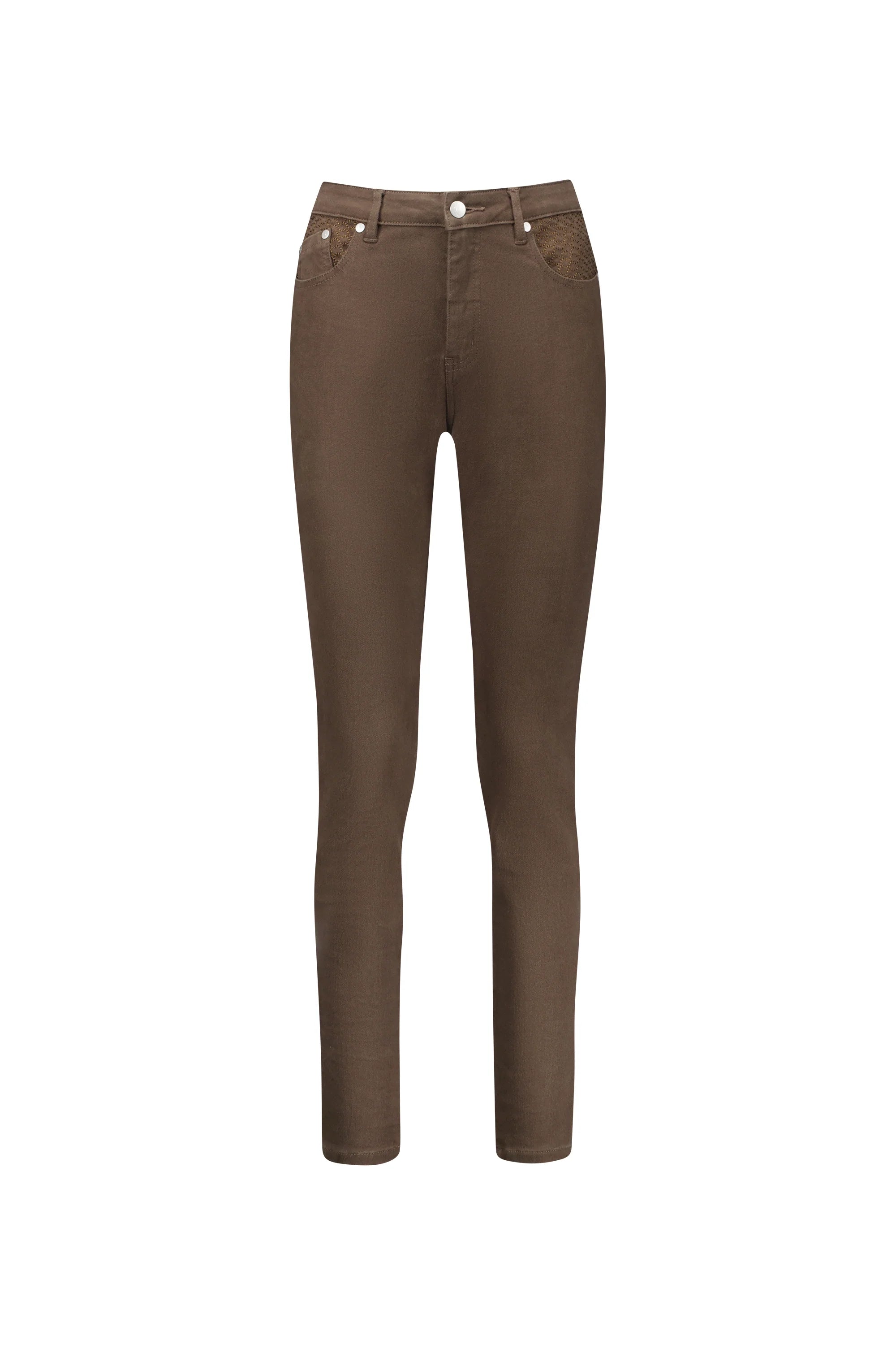 5535 Chocolate - Skinny Leg Full Length Basket Weave Jean Floral Print Tailored Shorts