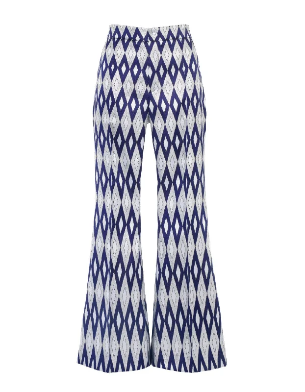 Kelly Blue Mirror Print Silk Jacquard Trousers Tropical Floral Cargo Shorts