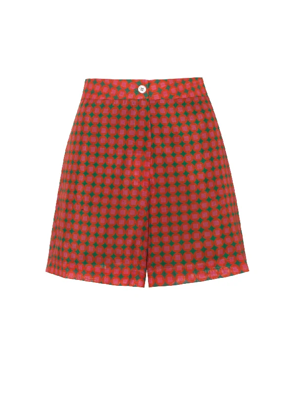 Carlotta Green Mosaic Print Silk Voile Shorts Pleated Mesh Shorts