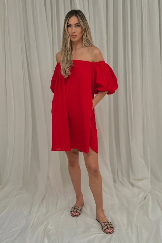 Caitlyn Puff Sleeve Bardot Dress In Red