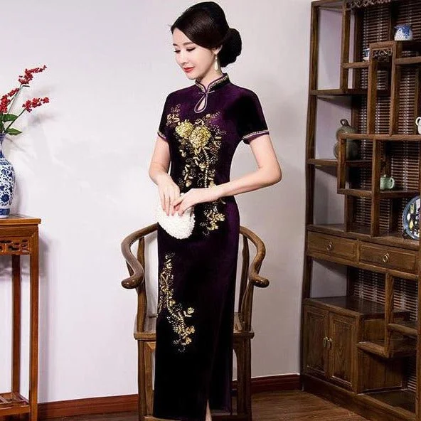 Short Sleeve Full Length Floral Appliques Velvet Cheongsam Evening Dress