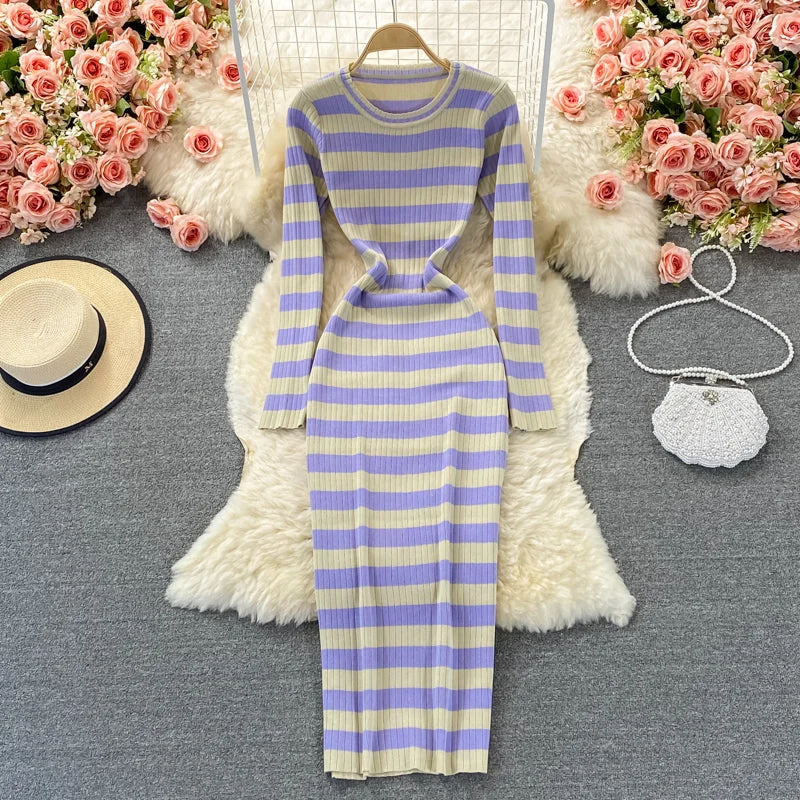 Elastic tight round neck Long Sleeve Striped knitted dress  2853