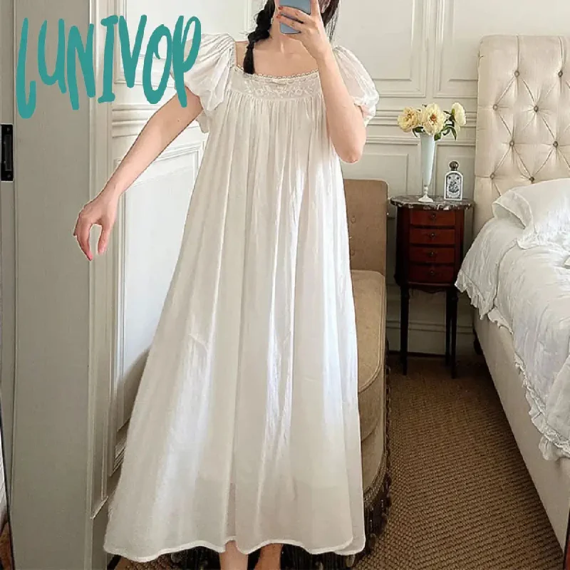 Lunivop Embroidered Cotton Night Dress Vintage Nightgowns Women Summer Puff Sleeve Long Peignoir Victorian Nightdress Princess Sleepwear