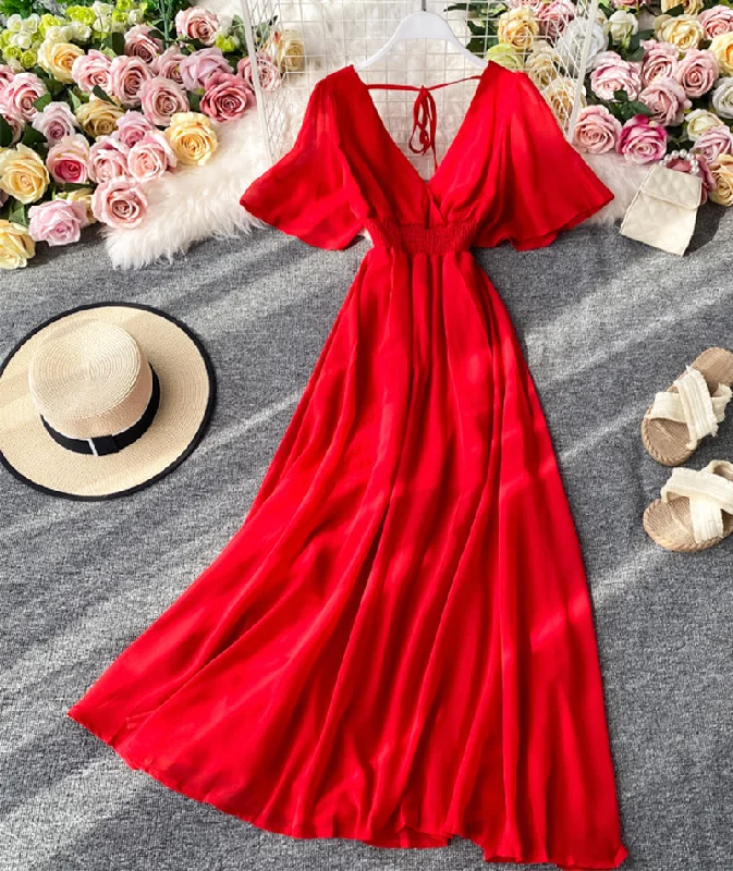 Red v neck chiffon dress fashion dress  1063