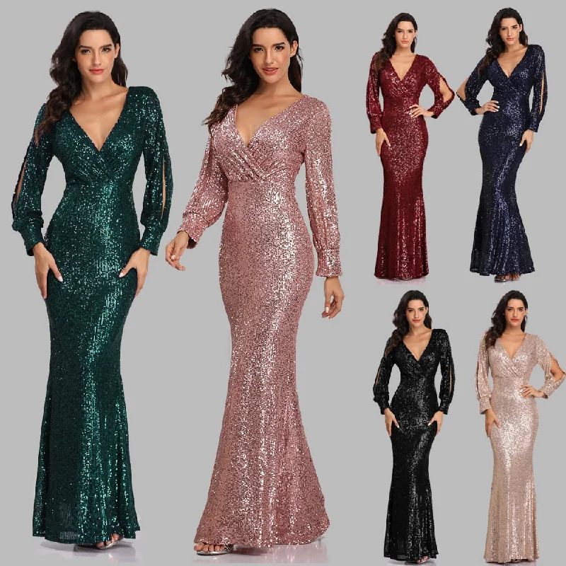 Sexy V-neck Mermaid Evening Dress Long Formal Prom Party Gown Full Sequins Long Sleeve Galadress Dresses Tulle party dresses